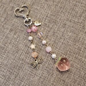 Pink Beaded Keychain with Heart and Dragonfly Charms